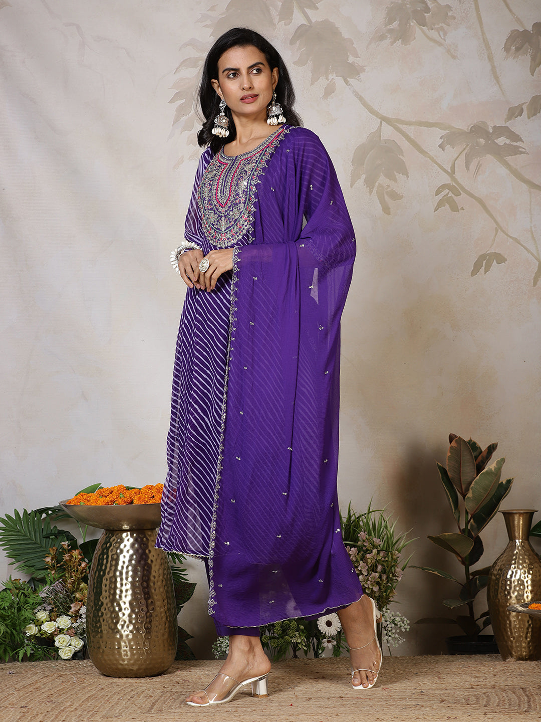 Embroidered Georgette Kurta With Pants & Dupatta