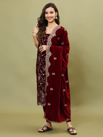 Embroidered Velvet Unstitched Suit Piece With Dupatta