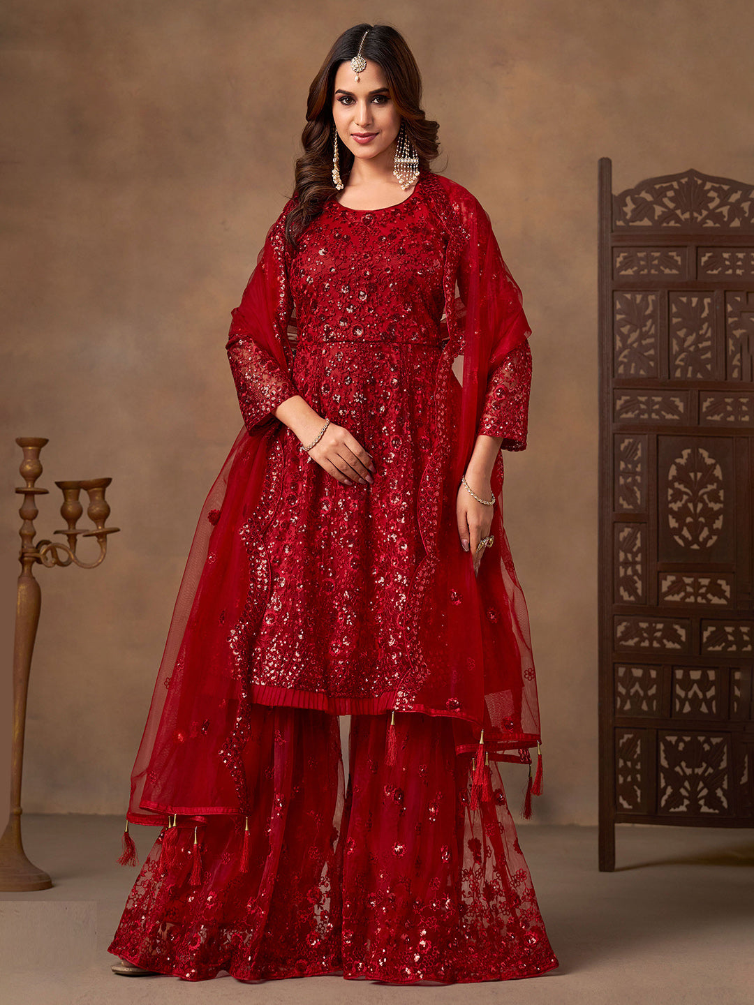 Embroidered Net Semi Stitched Kurta With Sharara &amp; Dupatta