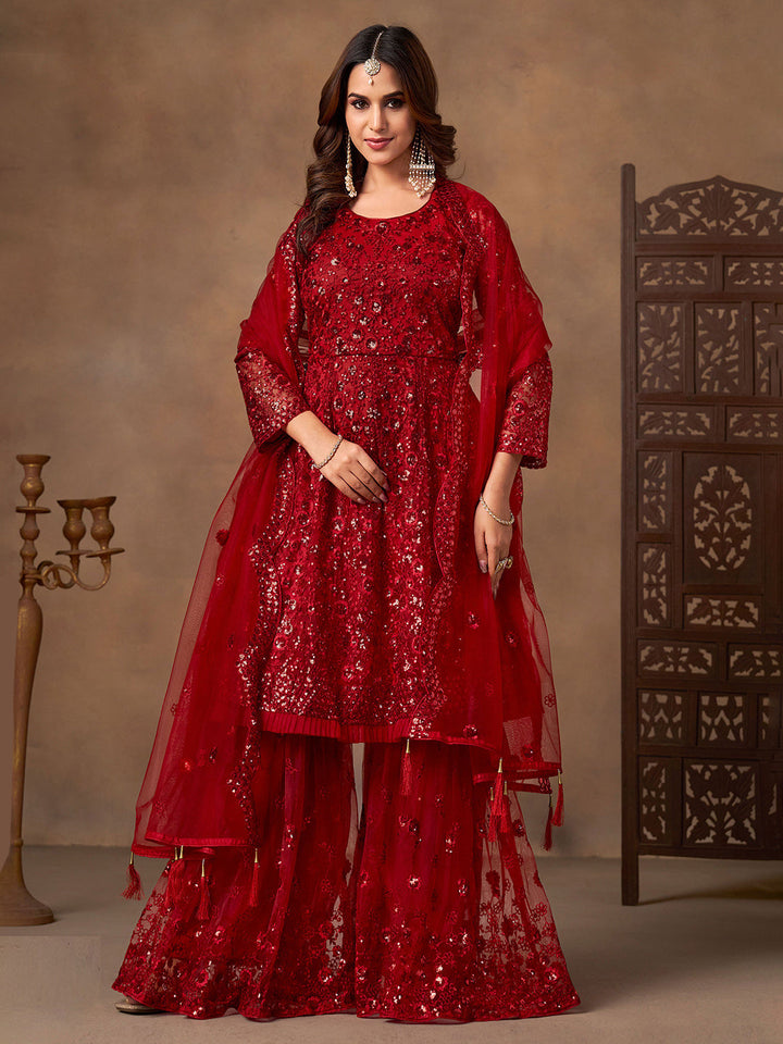 Embroidered Net Semi Stitched Kurta With Sharara &amp; Dupatta