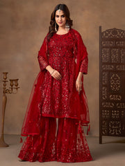 Embroidered Net Semi Stitched Kurta With Sharara & Dupatta