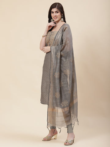 Embroidered Chanderi Unstitched Suit Piece With Dupatta