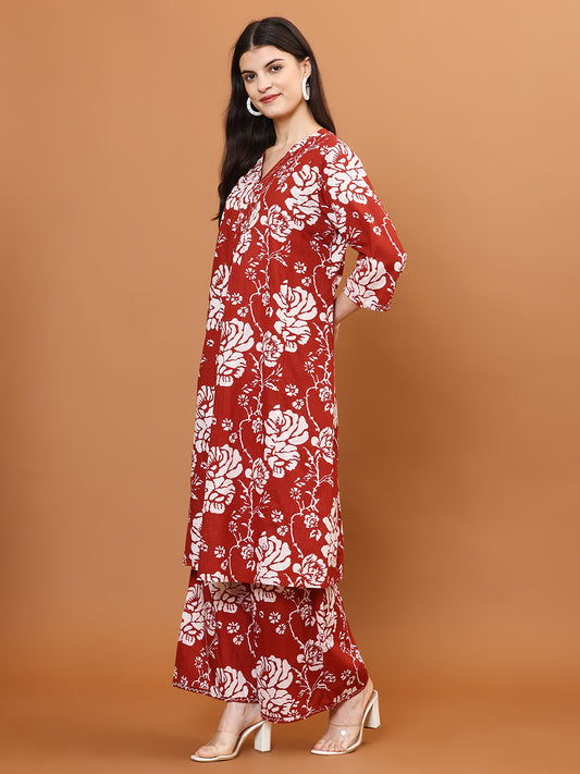 Floral Print Cotton Kurta With Palazzo