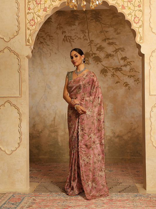 Floral Printed & Sequin Embroidery Organza Tissue Saree