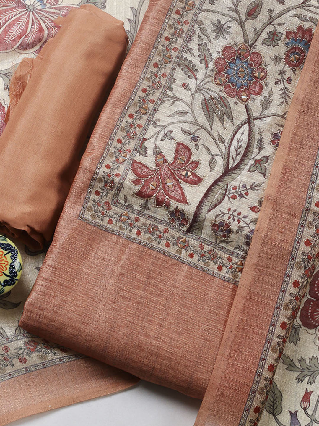 Embroidered Chanderi Unstitched Suit With Pant &amp; Dupatta
