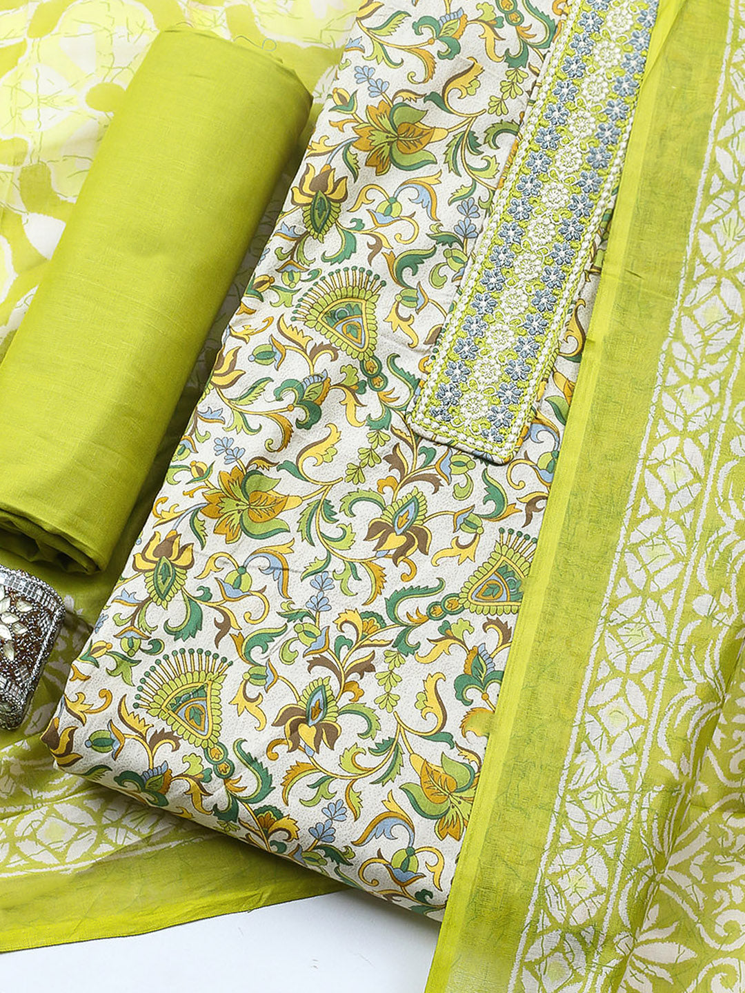 Printed Cotton Blend Unstitched Suit With Pant &amp; Dupatta