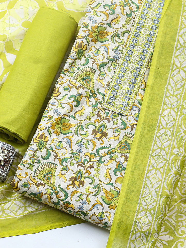 Printed Cotton Blend Unstitched Suit With Pant &amp; Dupatta