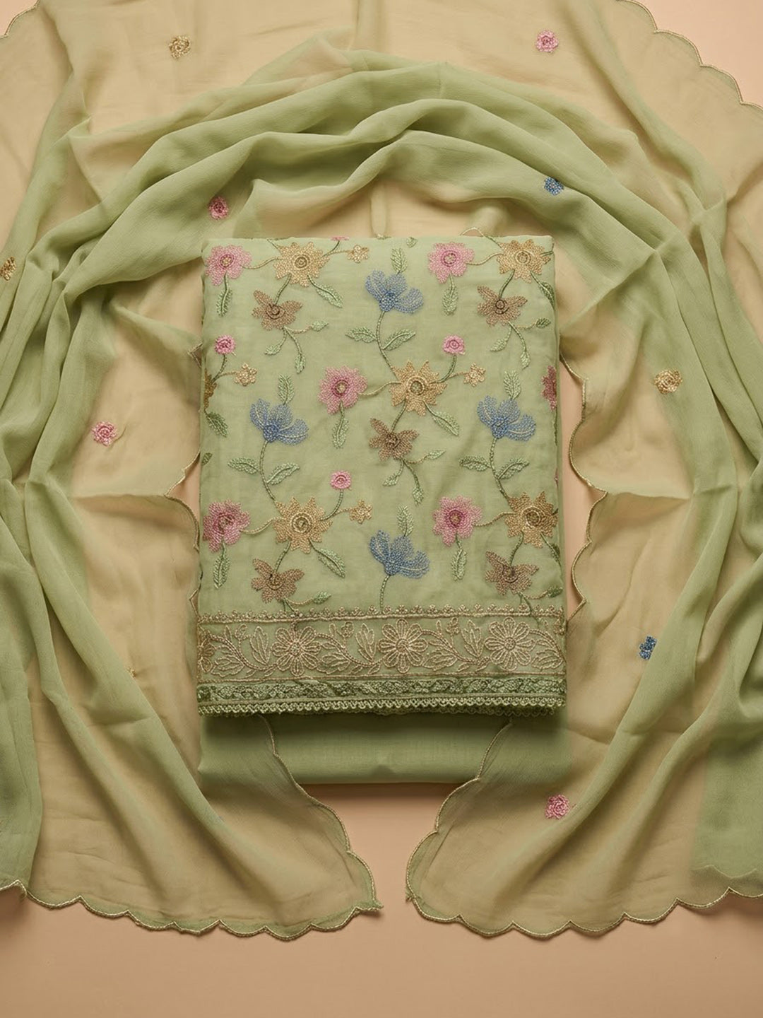 Pista-Green Chanderi Embroidered Unstitched Dress Material