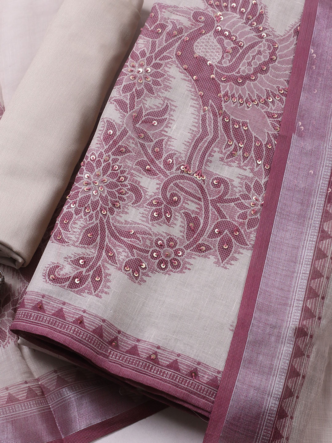 Printed Linen Blend Unstitched Suit With Pant &amp; Dupatta