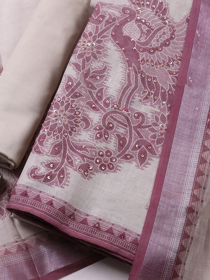 Printed Linen Blend Unstitched Suit With Pant &amp; Dupatta