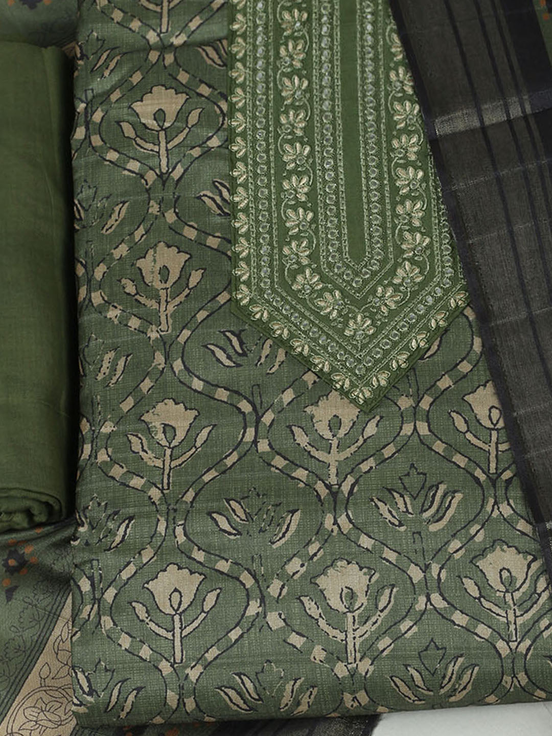 Embroidered Chanderi Unstitched Suit With Pant &amp; Dupatta
