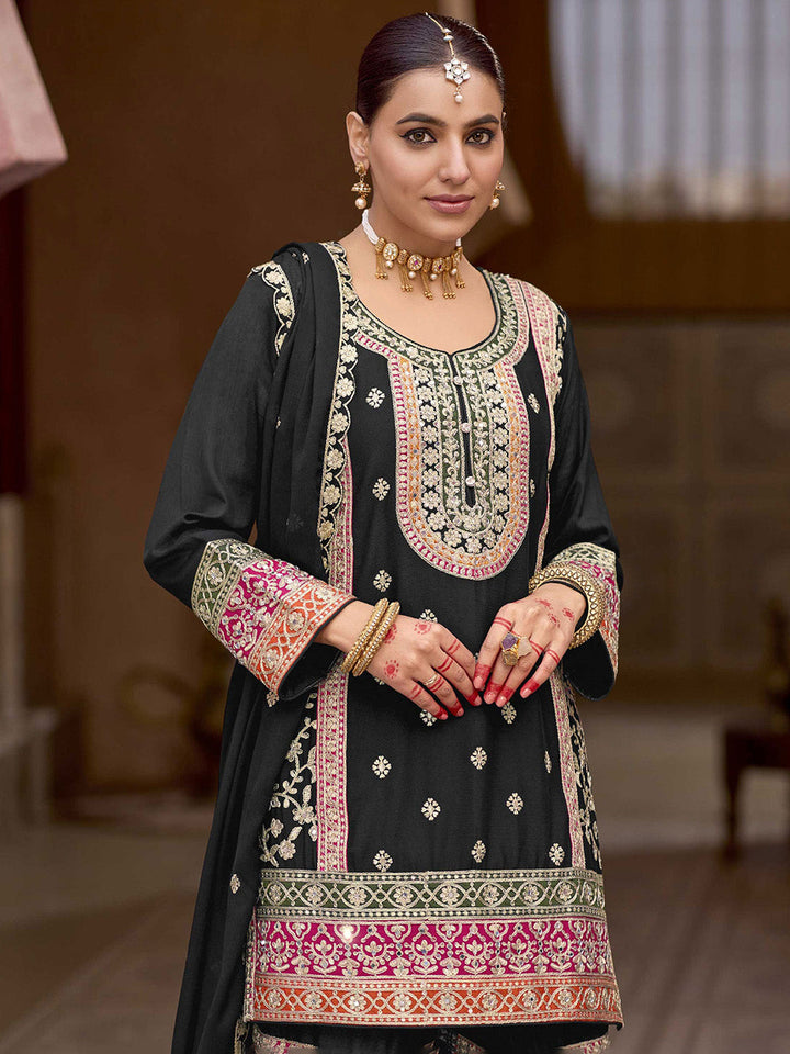 Embroidered Chinon Kurti With Plazzo &amp; Dupatta