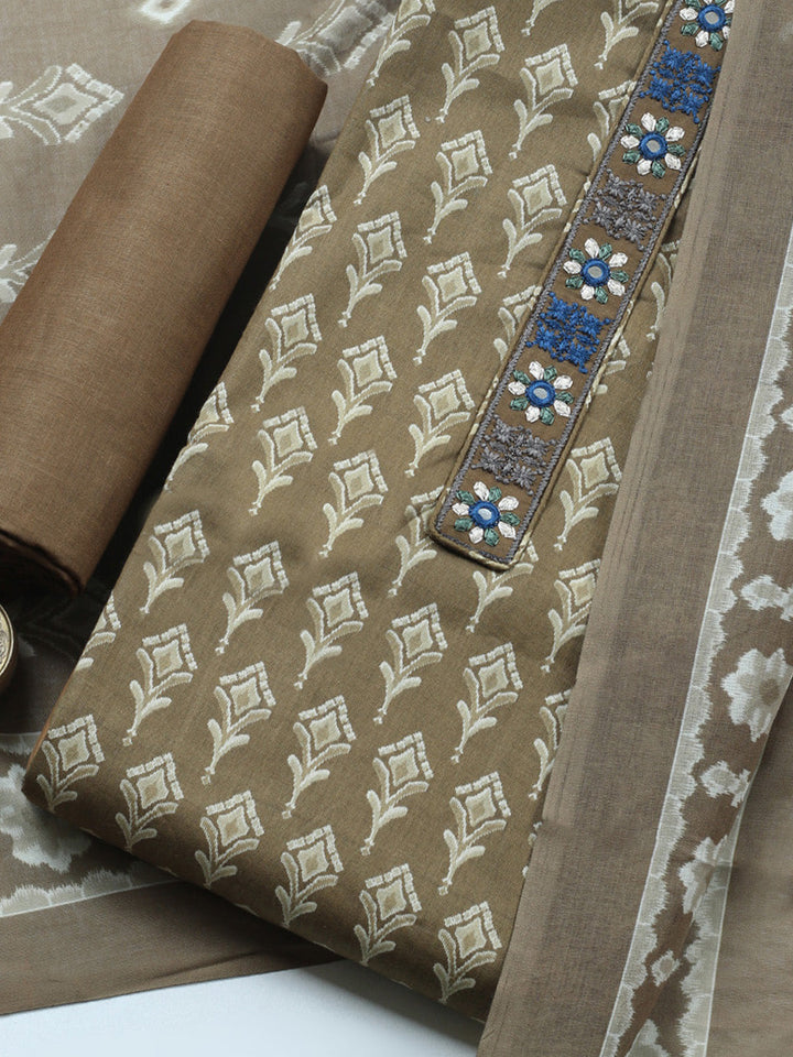 Embroidered Cotton Blend Unstitched Suit With Pant &amp; Dupatta