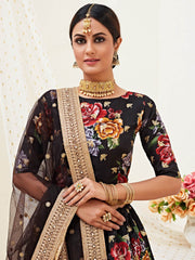 Floral Print Unstitched Lehenga Choli in Black with Embroidered Net Dupatta