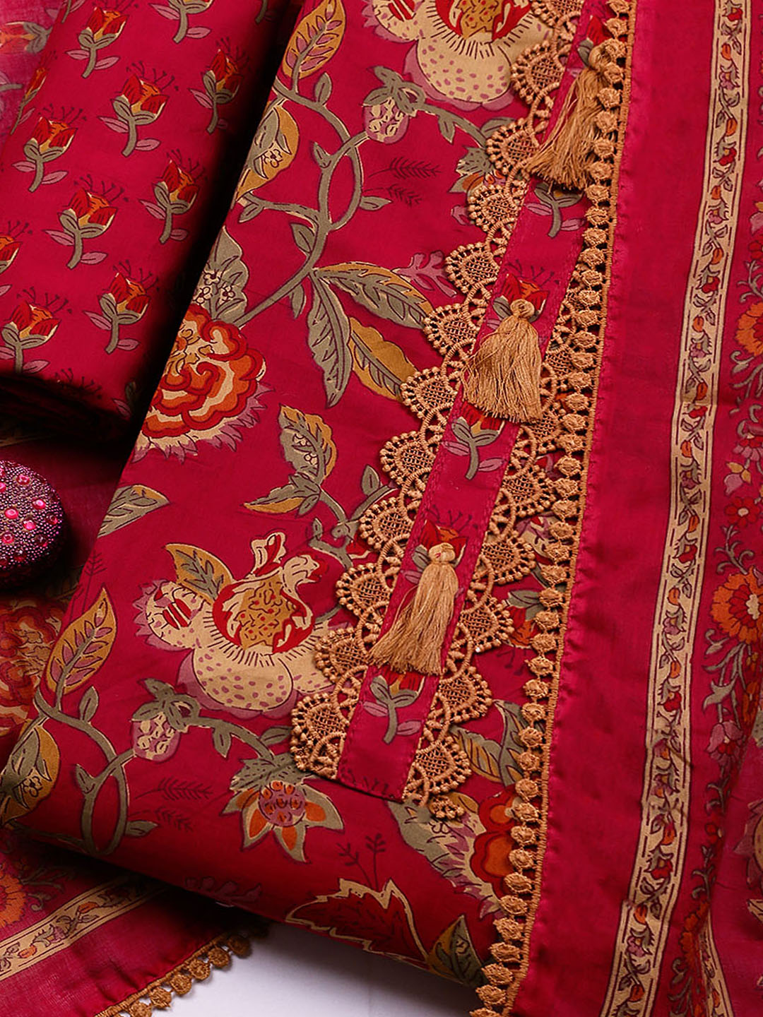 Embroidered Cotton Blend Unstitched Suit With Pant &amp; Dupatta