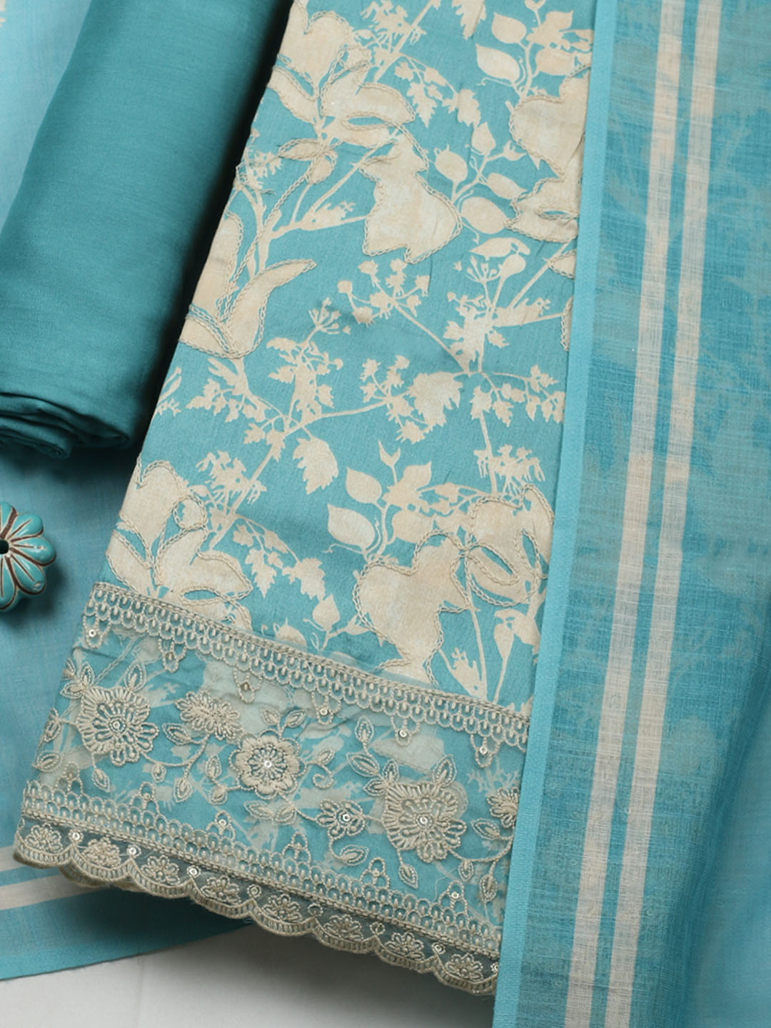 Embroidered Cotton Blend Unstitched Suit With Pant &amp; Dupatta