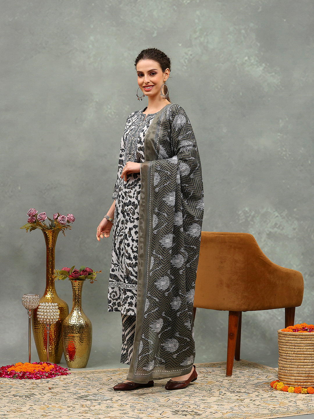 Printed Cotton Kurta With Pants &amp; Dupatta