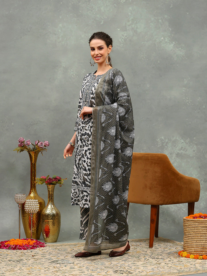 Printed Cotton Kurta With Pants &amp; Dupatta
