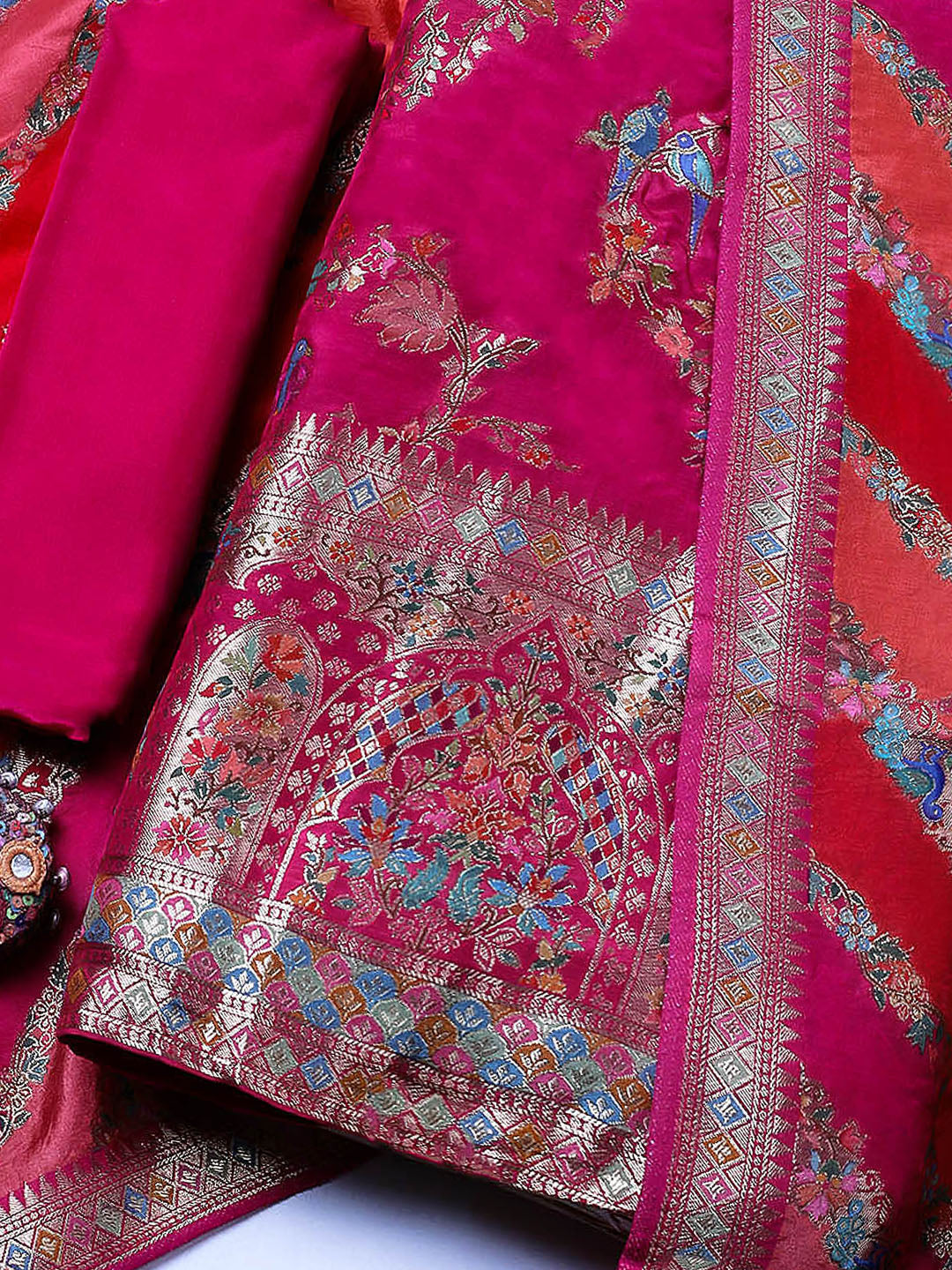 Woven Design Dola Silk Unstitched Suit With Pant &amp; Dupatta