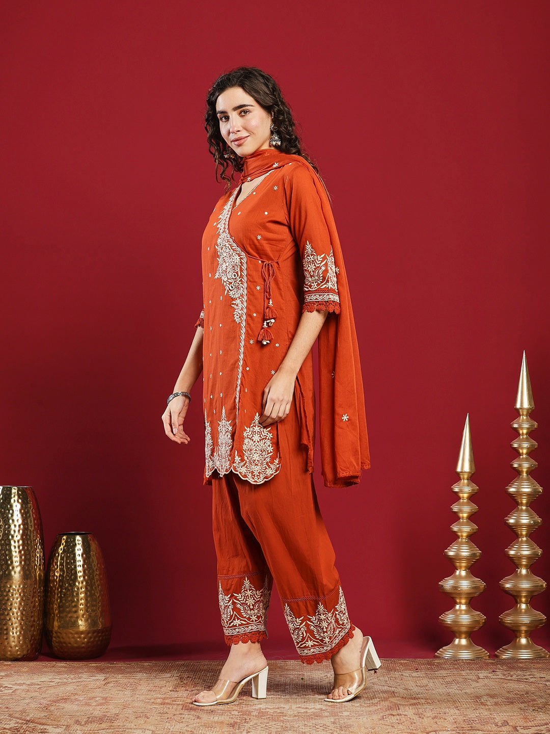 Embroidered Cotton Kurta With Pant &amp; Dupatta