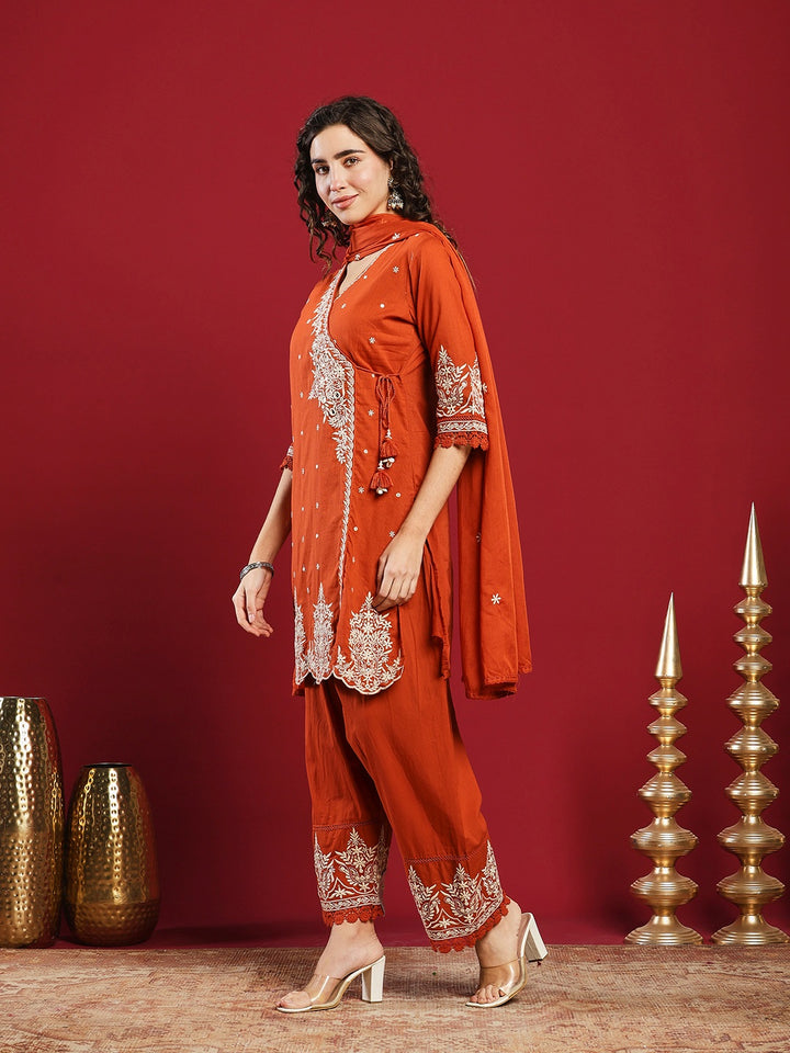 Embroidered Cotton Kurta With Pant &amp; Dupatta