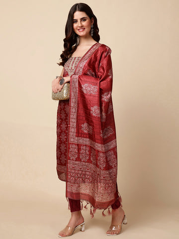 Neck Embroidered Chanderi Unstitched Suit Dupatta