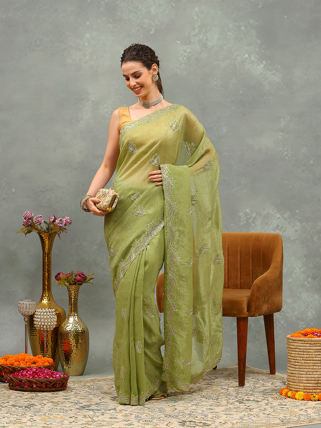 Thread Embroidered Chiffon Saree