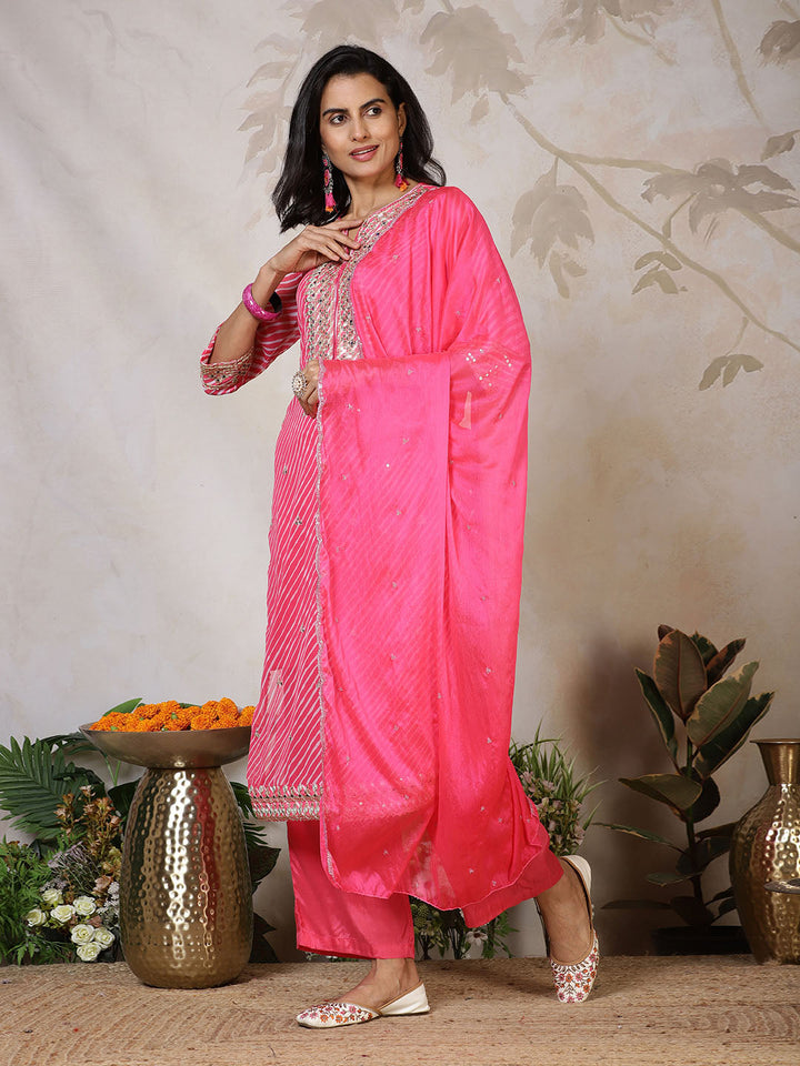 Embroidered Georgette Kurta With Pants &amp; Dupatta