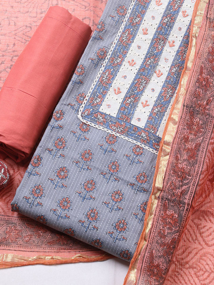 Printed Cotton Blend Unstitched Suit With Pant &amp; Dupatta