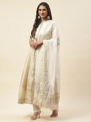 Resham Booti Embroidered Cotton Anarkali Kurta With Churidar & Dupatta