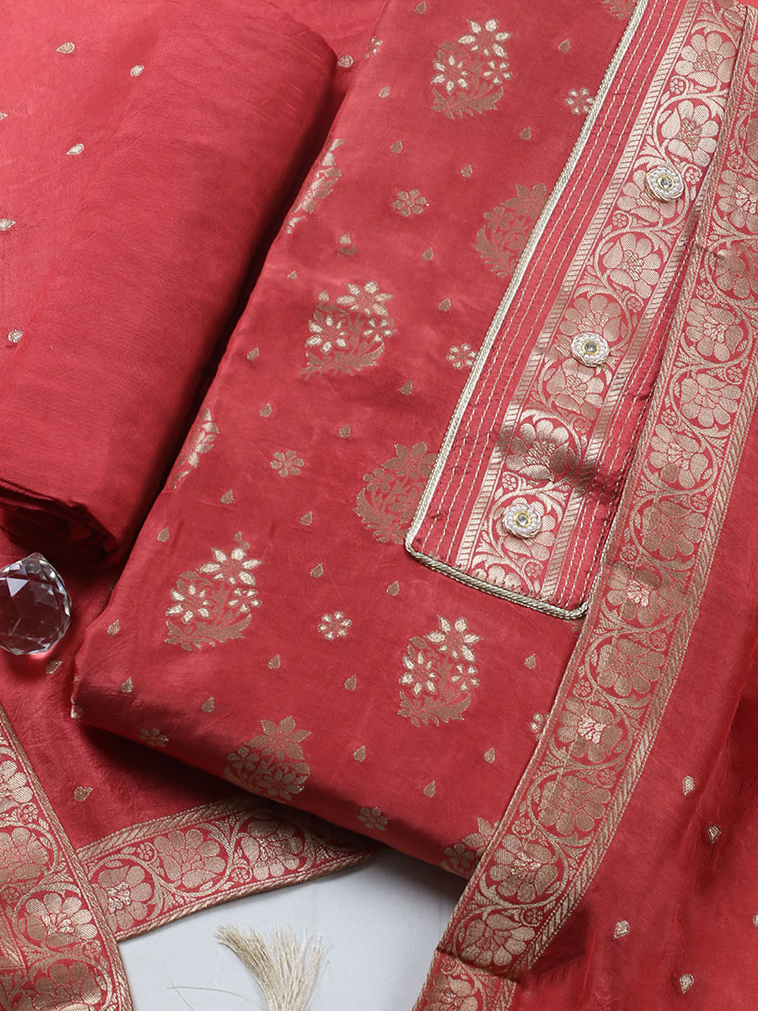 Embroidered Chanderi Unstitched Suit With Pant &amp; Dupatta