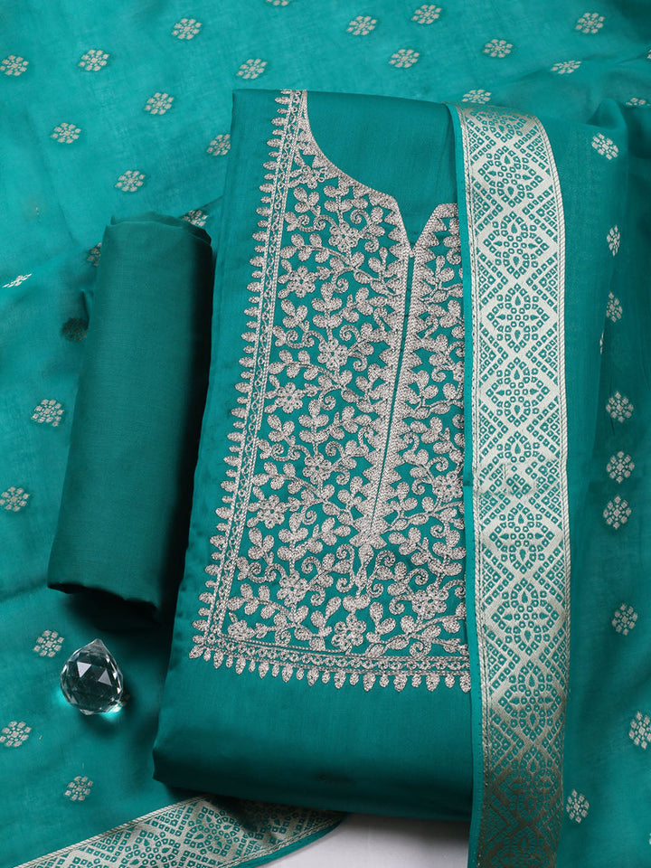 Neck Embroidered Chanderi Unstitched Suit With Dupatta