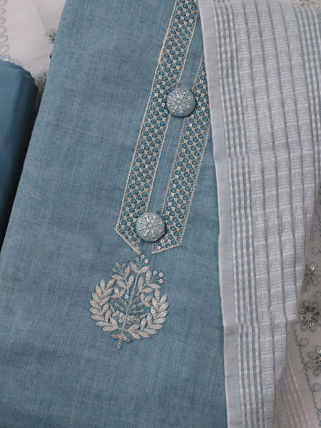 Neck Embroidered Cotton Blend Unstitched Suit With Dupatta