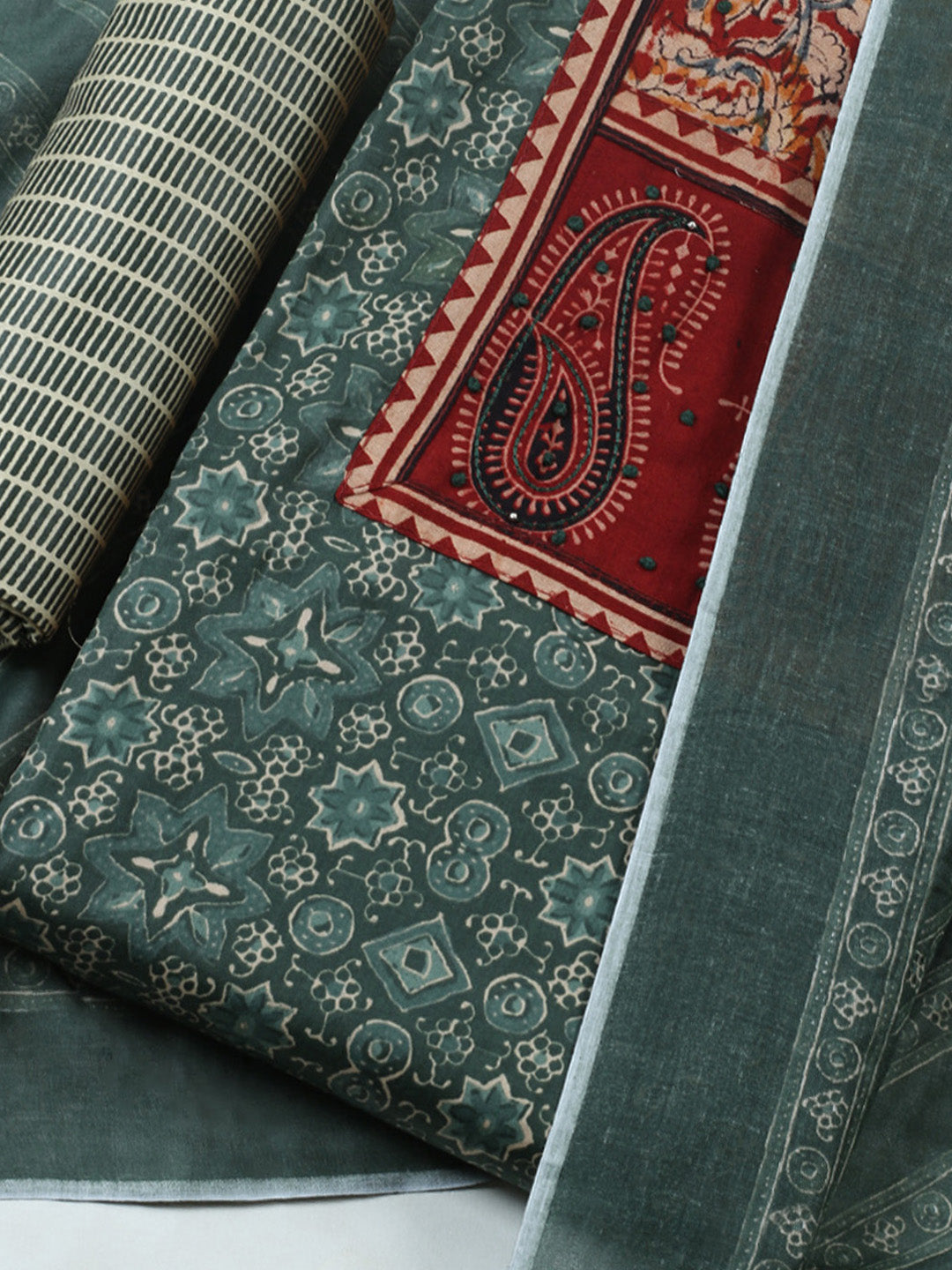 Printed Cotton Blend Unstitched Suit With Pant &amp; Dupatta