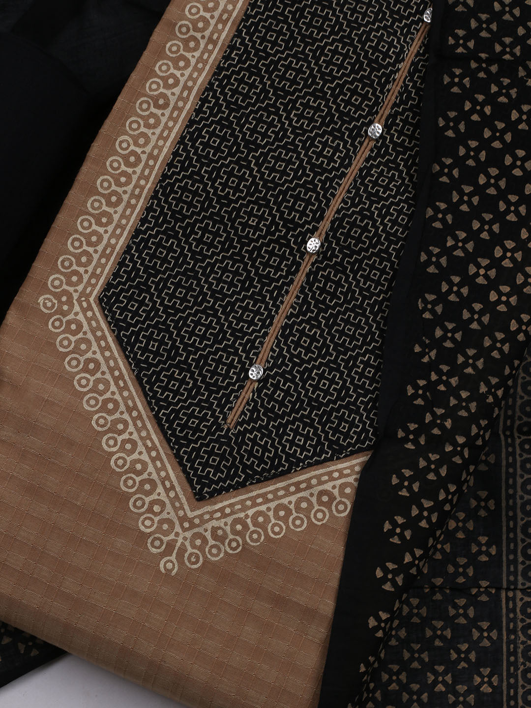 Patch Neck Cotton Blend Unstitched Suit With Dupatta