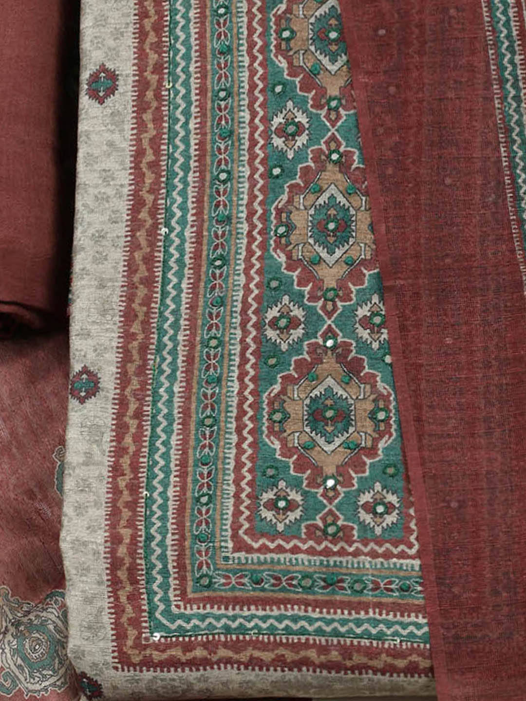 Printed Chanderi Unstitched Suit With Pant &amp; Dupatta