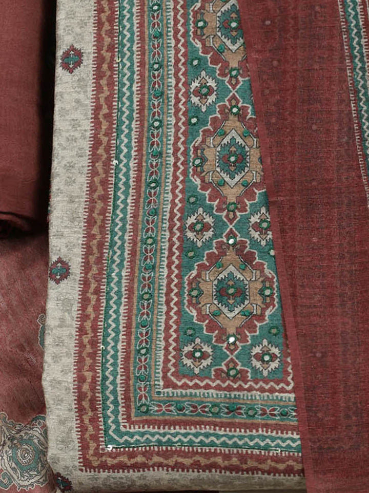 Printed Chanderi Unstitched Suit With Pant &amp; Dupatta