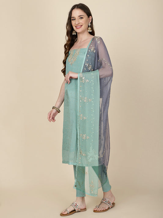 Neck Embroidery Chinon Unstitched Suit Piece With Dupatta