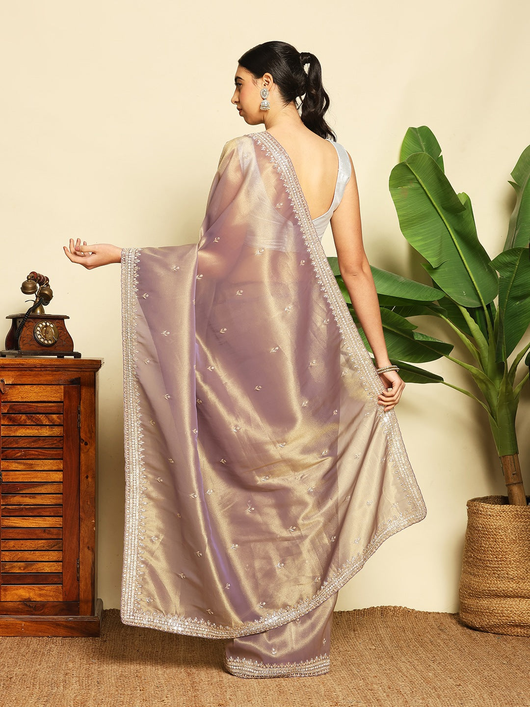 Stone &amp; Sequin Embroidered Tissue Saree