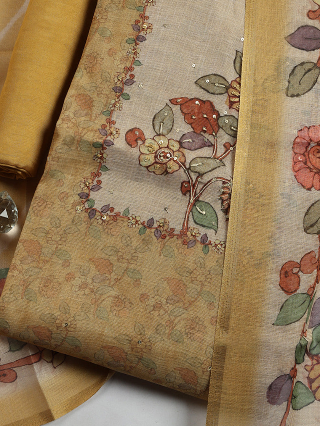 Printed Linen Blend Unstitched Suit With Pant &amp; Dupatta