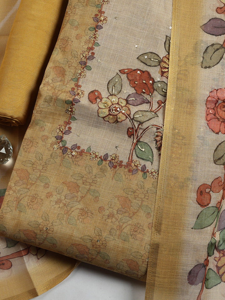 Printed Linen Blend Unstitched Suit With Pant &amp; Dupatta