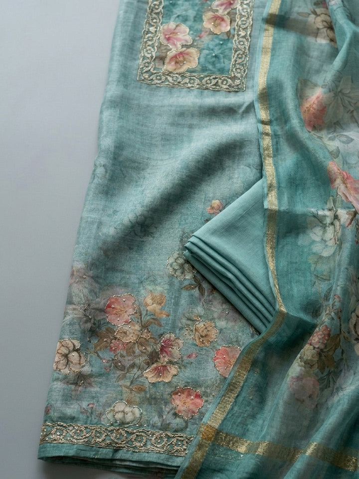 Embroidered Linen Blend Unstitched Suit With Pant &amp; Dupatta