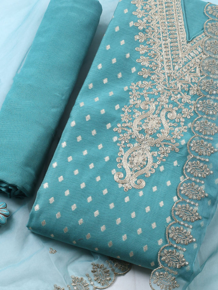 Embroidered Chanderi Unstitched Suit With Pant &amp; Dupatta