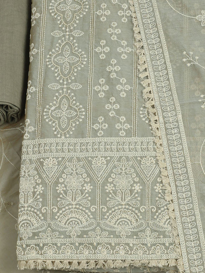 Embroidered Chanderi Unstitched Suit With Pant &amp; Dupatta
