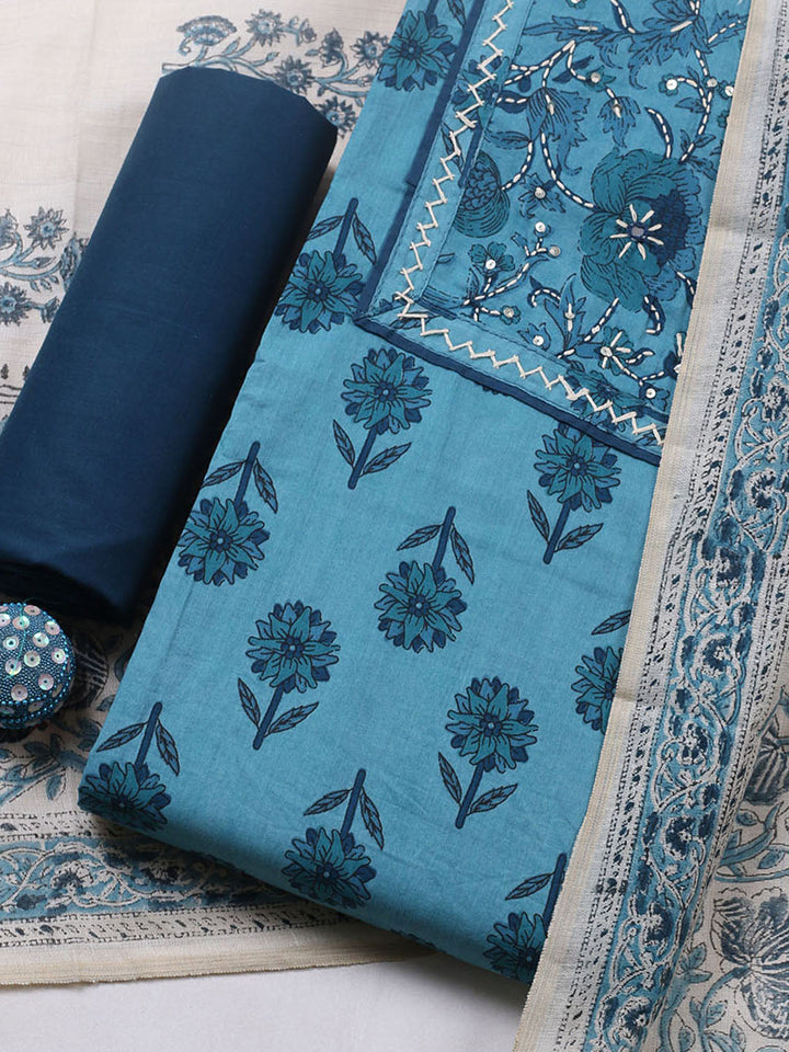 Printed Cotton Blend Unstitched Suit With Pant &amp; Dupatta