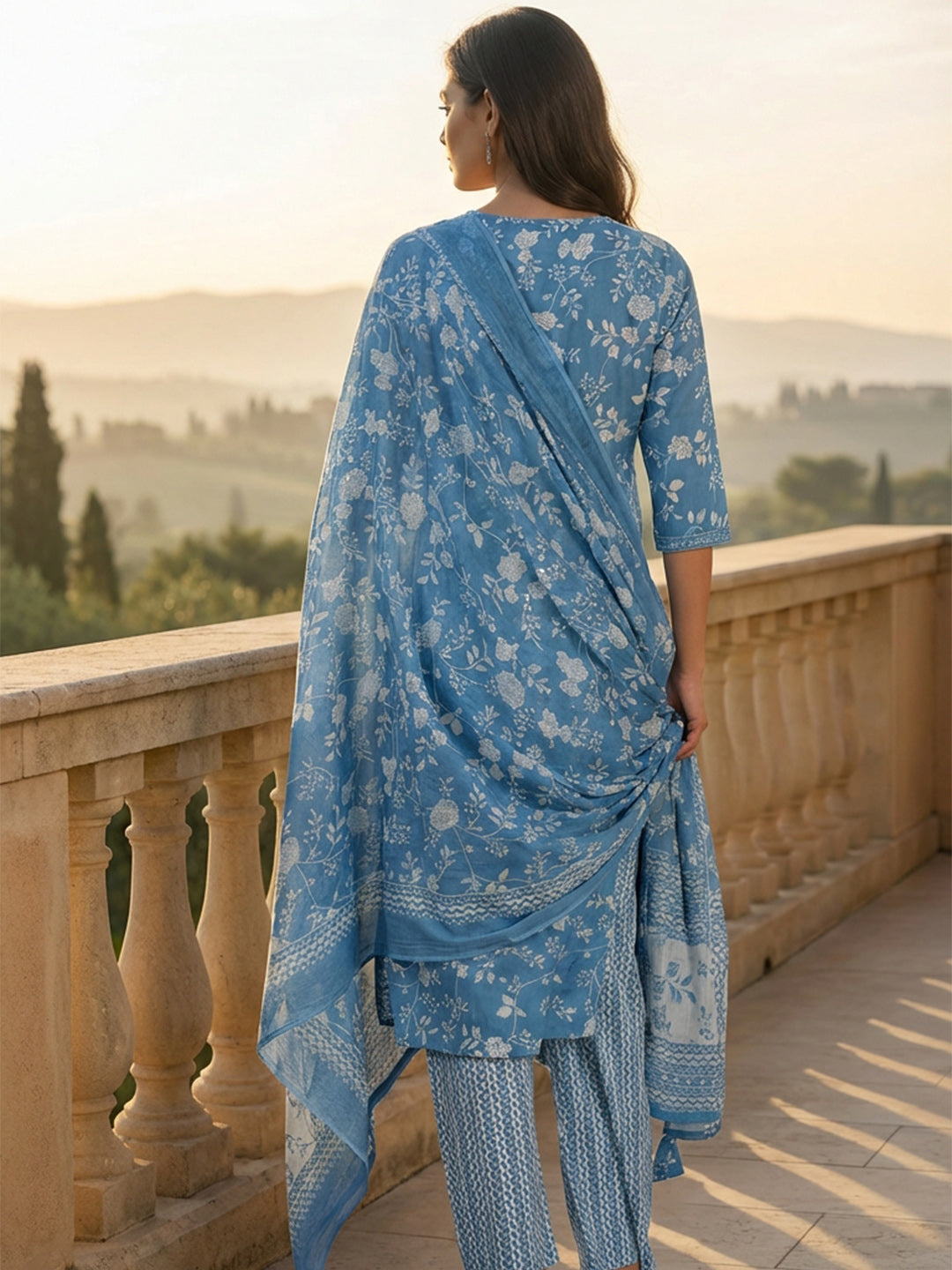 Printed Cotton Blend Kurta With Pant &amp; Dupatta