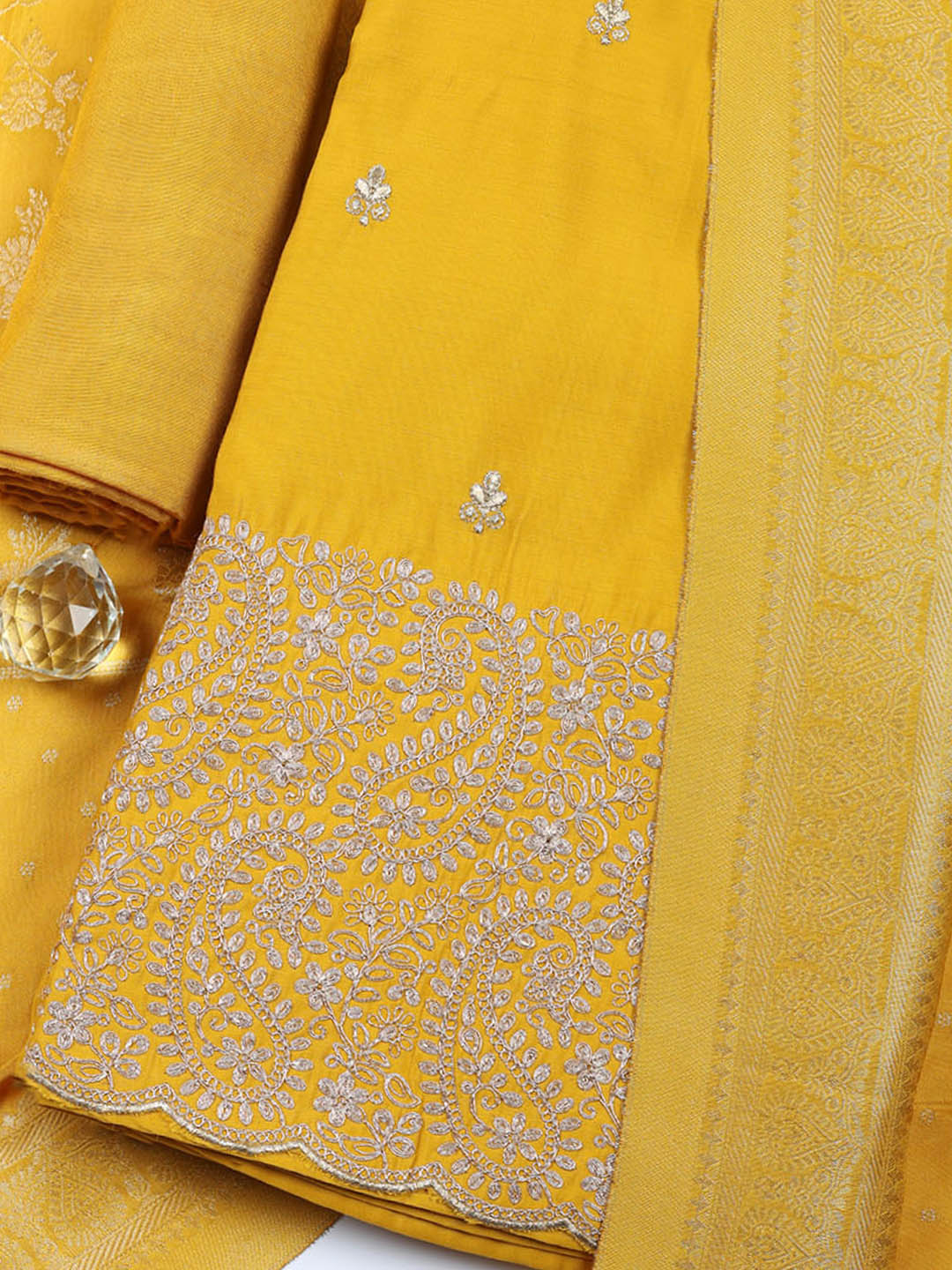 Embroidered Chanderi Unstitched Suit With Pant &amp; Dupatta