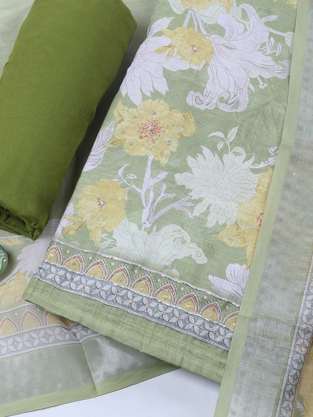 Embroidered Linen Blend Unstitched Suit With Pant &amp; Dupatta
