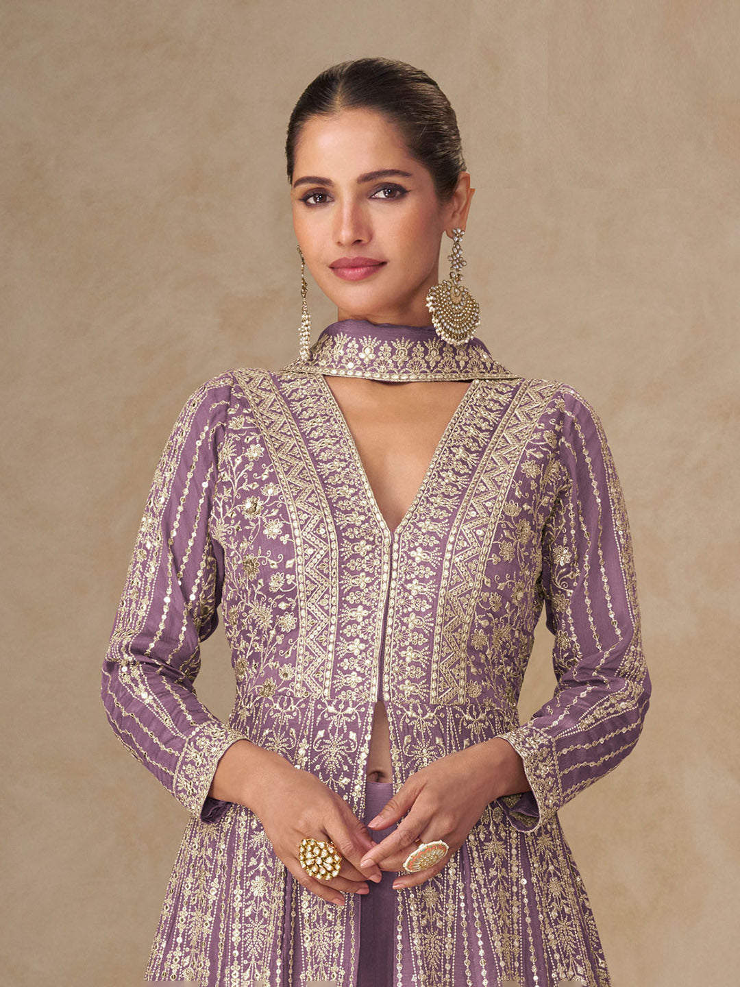 Embroidered Chinnon Silk A Line Dress With Skirt