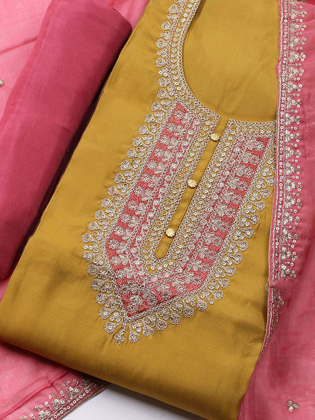 Neck Embroidered Chanderi Unstitched Suit With Dupatta